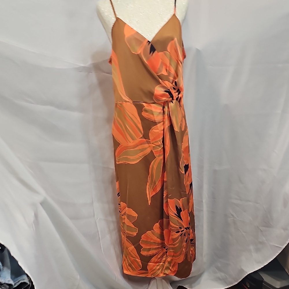 Worthington Brown Slip Midi Dress with Orange Floral Print